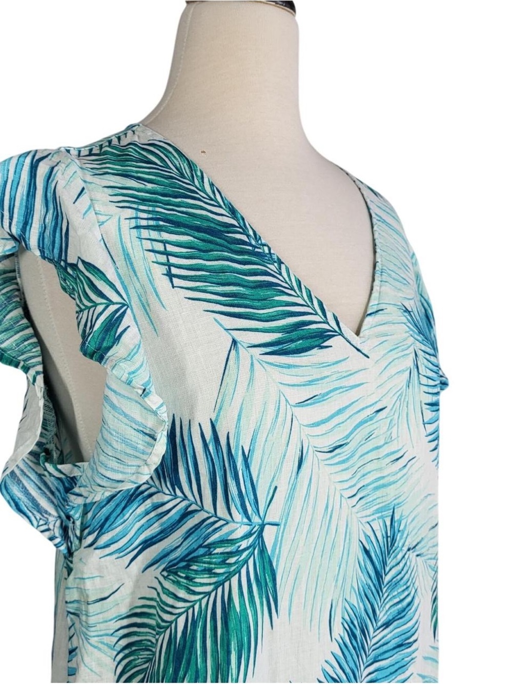 Tahari Palm-Print 100% Linen V-Neck Ruffle sleeve Dress M - Picture 2 of 5